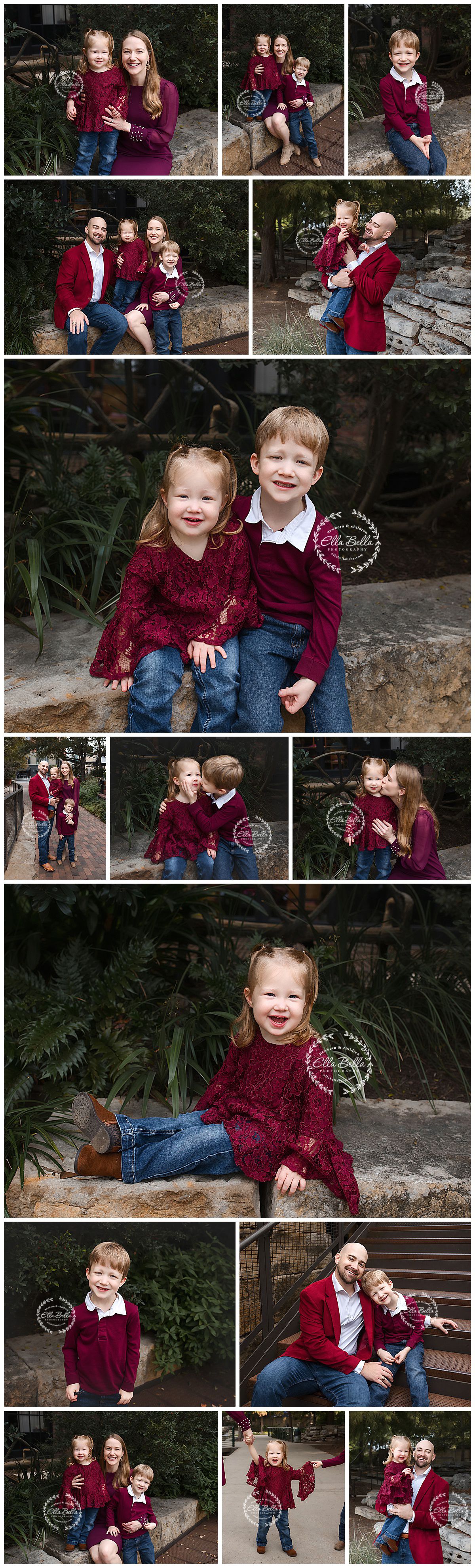 Family portrait session in burgundy and navy outfits against natural stone and foliage backdrop.
