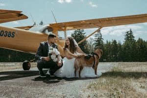 Bride and groom pose with their dog beside a vintage yellow plane on a sunny day at a rustic airstrip.