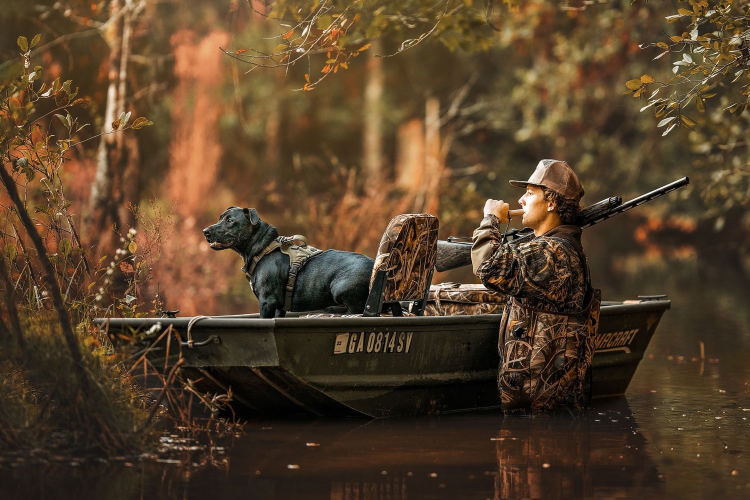 Senior boy photoshoot in a boat  through scenic wetlands during golden hour while hunting waterfowl.