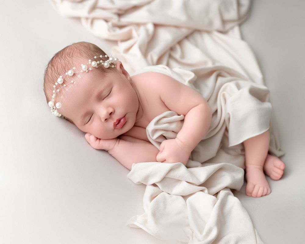 A sleeping newborn baby wrapped in soft white fabric lies peacefully on a light-colored background.