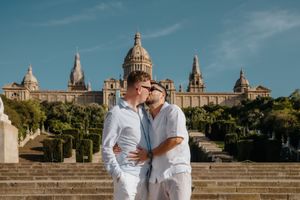Emotional gay engagement photoshoot in Montjuïc Park