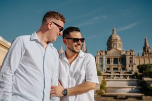 Emotional gay engagement photoshoot in Montjuïc Park