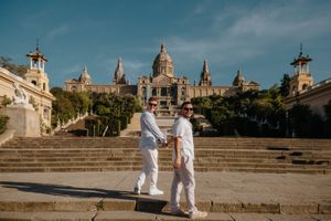 Same-sex couple proposal in Montjuïc Castle courtyard