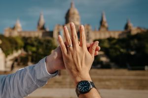 Romantic moment after proposal in Montjuïc, Barcelona