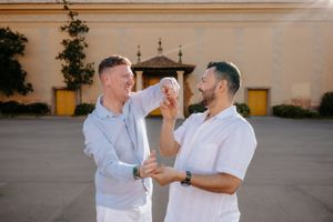 Gay couple engagement portraits in Montjuïc rose garden