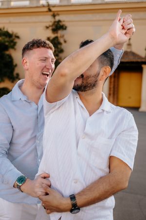 Barcelona gay engagement photographer at Montjuïc Castle