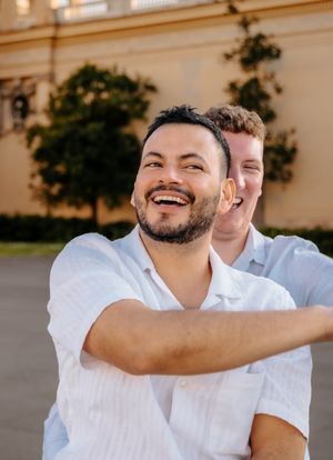 omantic LGBTQ+ engagement photoshoot in Montjuïc Park, Barcelona