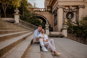 Romantic kiss during gay proposal in Montjuïc, Spain