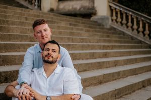 Barcelona engagement photoshoot for gay couple at Montjuïc viewpoint