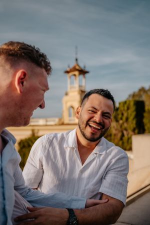 Same-sex couple proposal session at Montjuïc’s Magic Fountain area