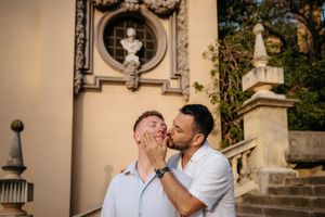 Emotional gay proposal moment on Montjuïc hilltop terrace
