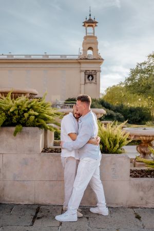 Montjuïc romantic photoshoot for LGBTQ+ engagement celebration