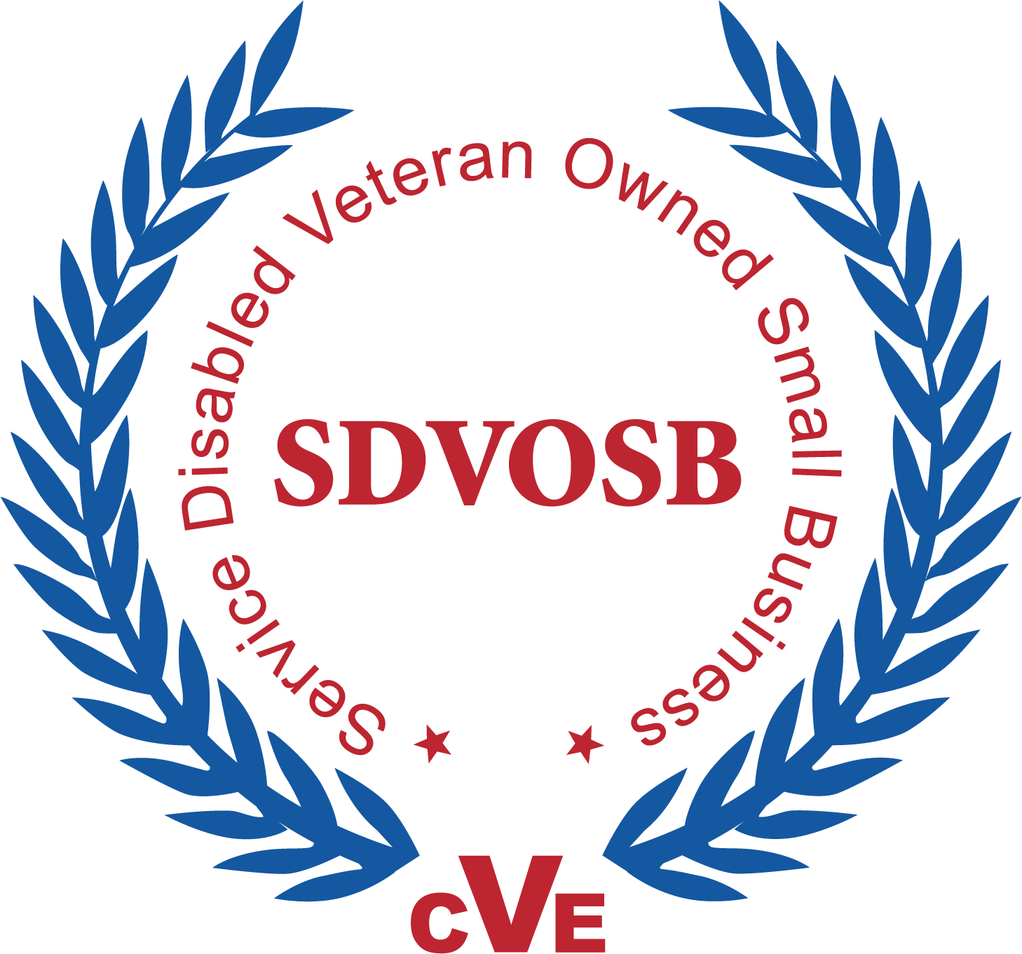 Red and blue circular logo design for SDVOSB with laurel wreath border and CVE text at bottom.