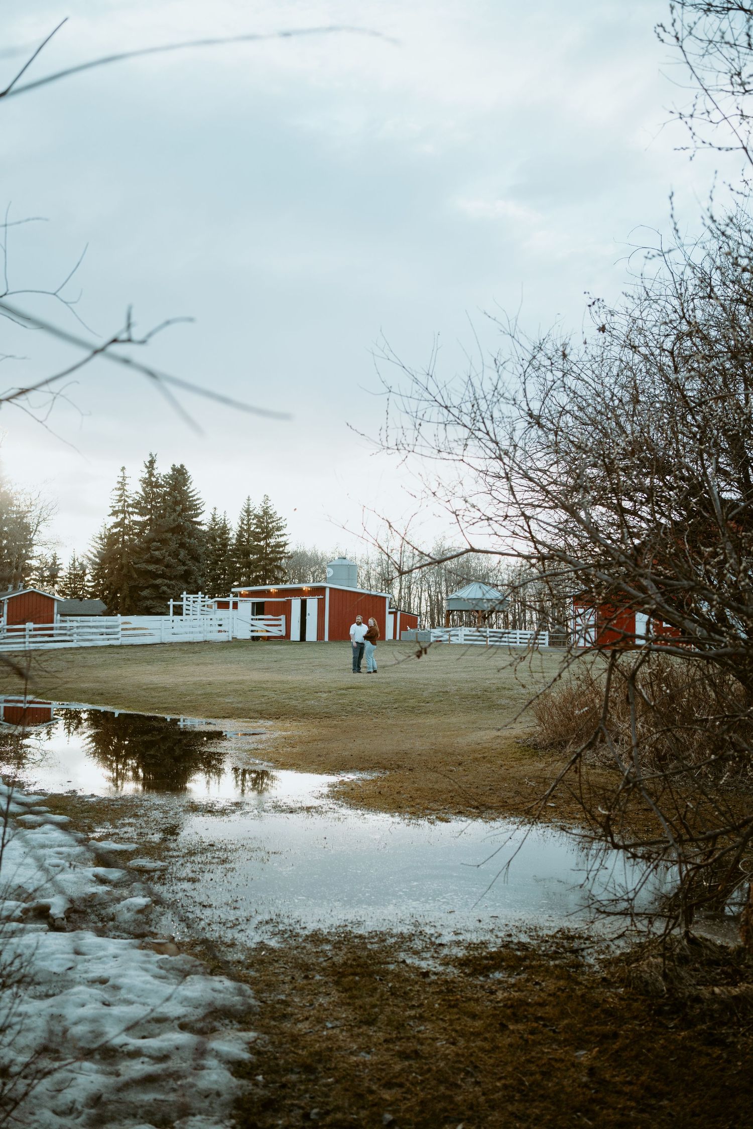 A muddy spring landscape with melting snow patches and red buildings visible in the distance on a cloudy day.