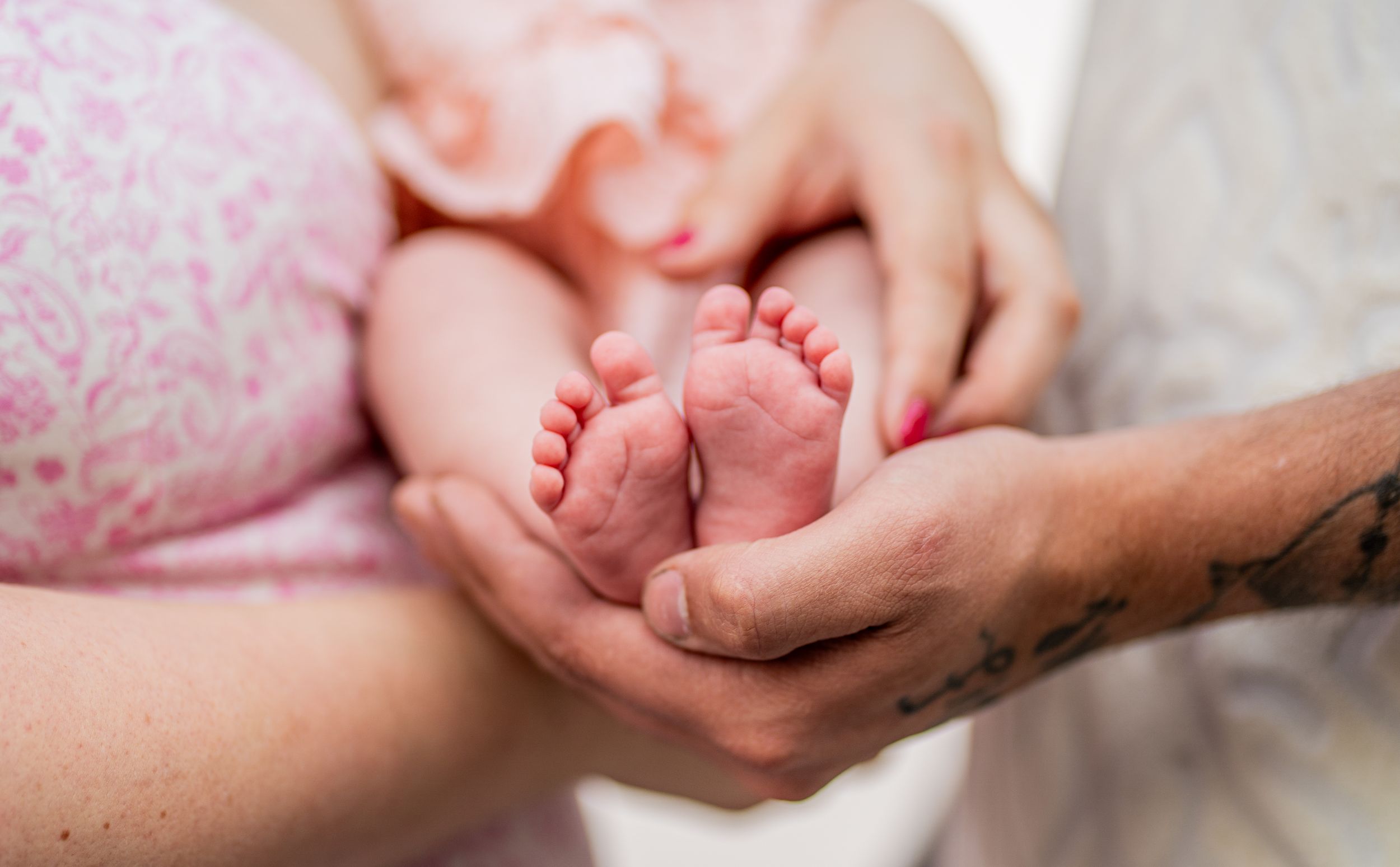 A series of tender moments showing hands gently holding and caressing a newborn baby's tiny feet.