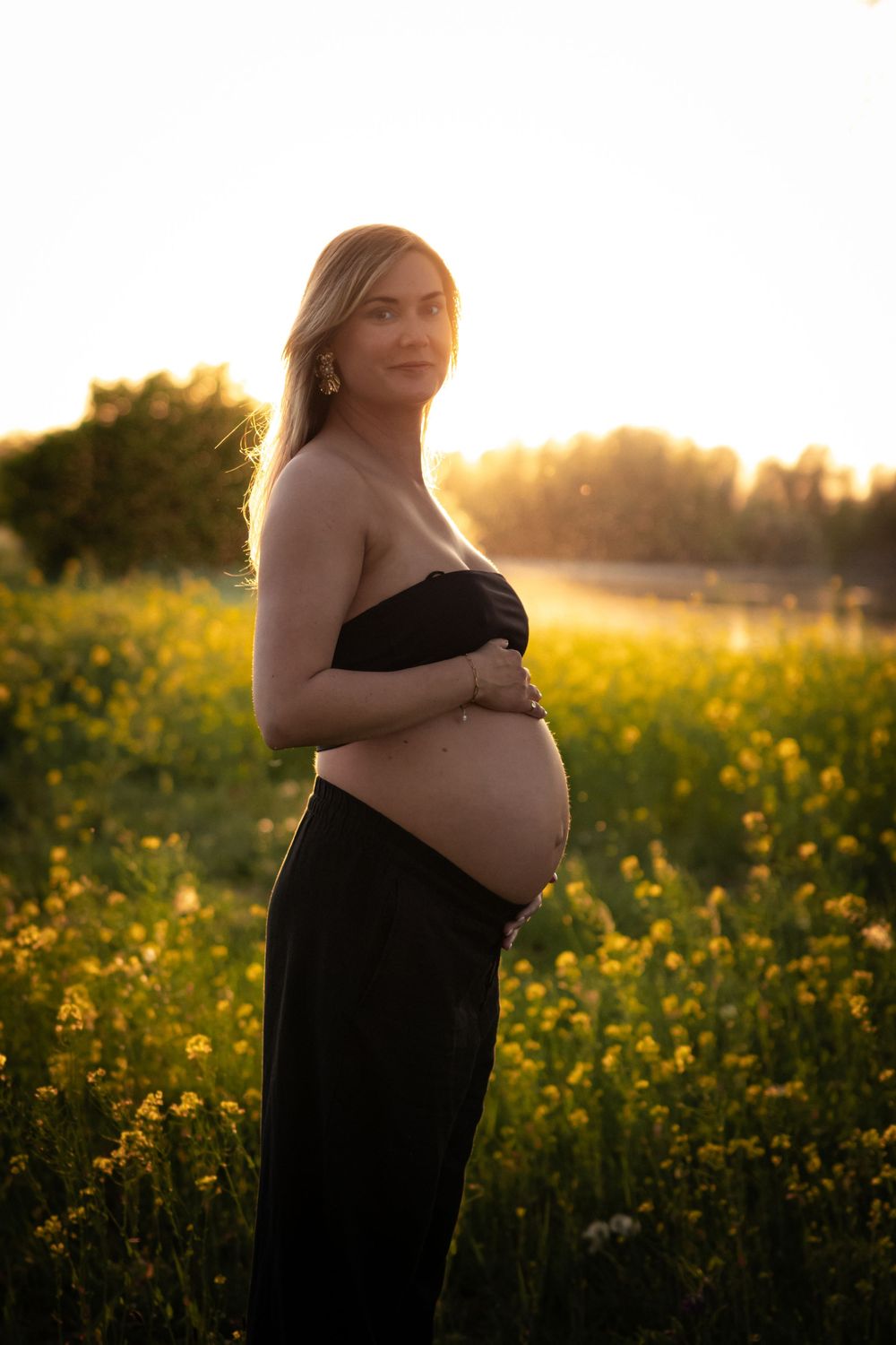 Silhouette of an expectant mother in a black dress standing in a golden wildflower field at sunset. Elst Gelderland in het mooie lingezegen