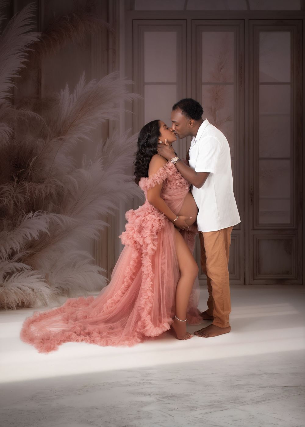 A romantic photoshoot series featuring a flowing pink dress against an elegant interior backdrop.
