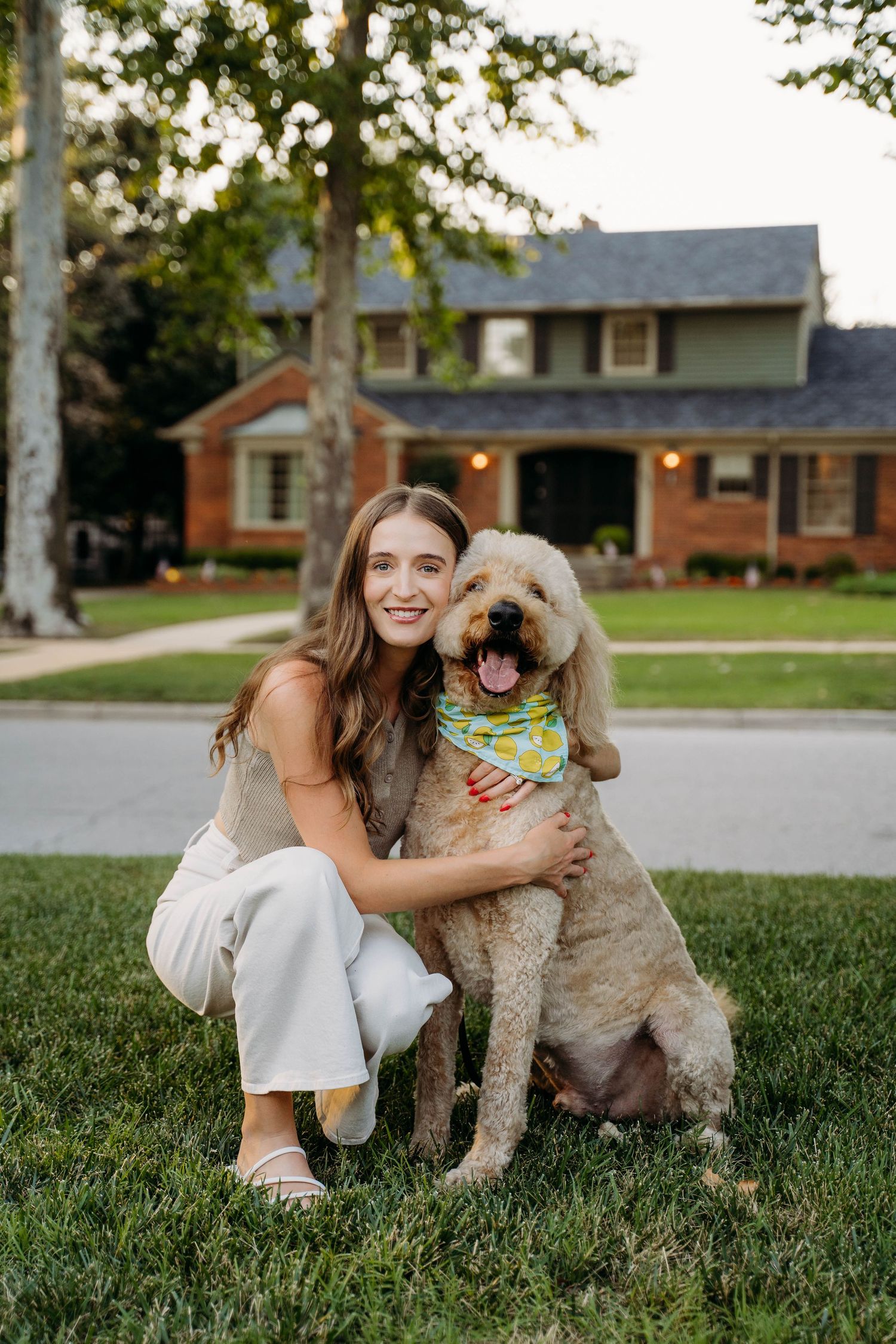 Playful goldendoodle wearing bandana poses with owner on front lawn of suburban home.