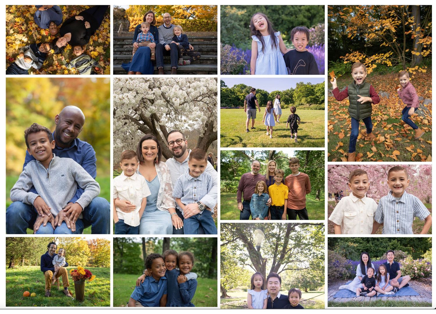 Family portrait series on a red wooden bench with landscaped gardens in background.
