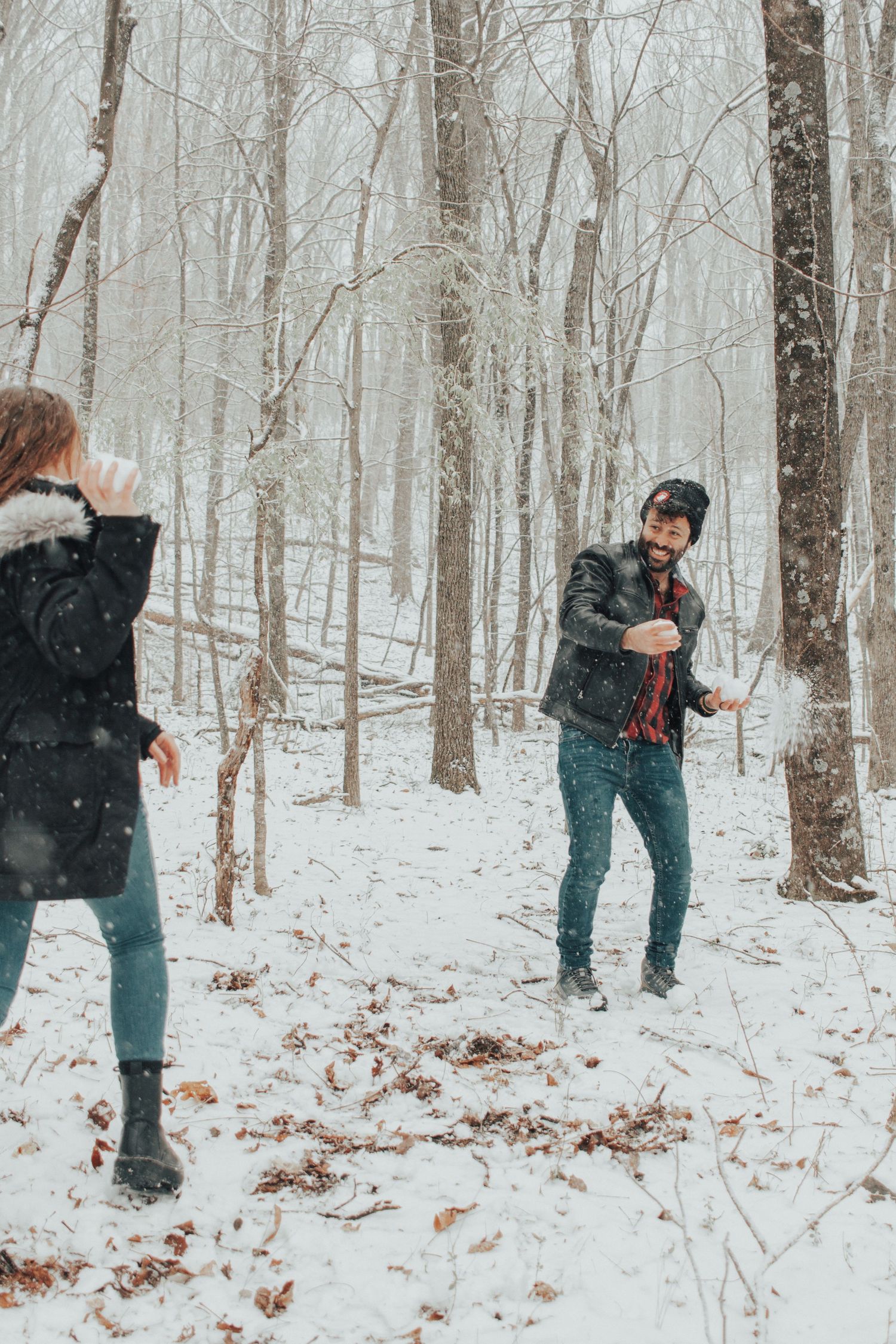 snow fight, couple, couples, lifestyle, snowing, virginia blueridge, woods, winter, wintery, fun