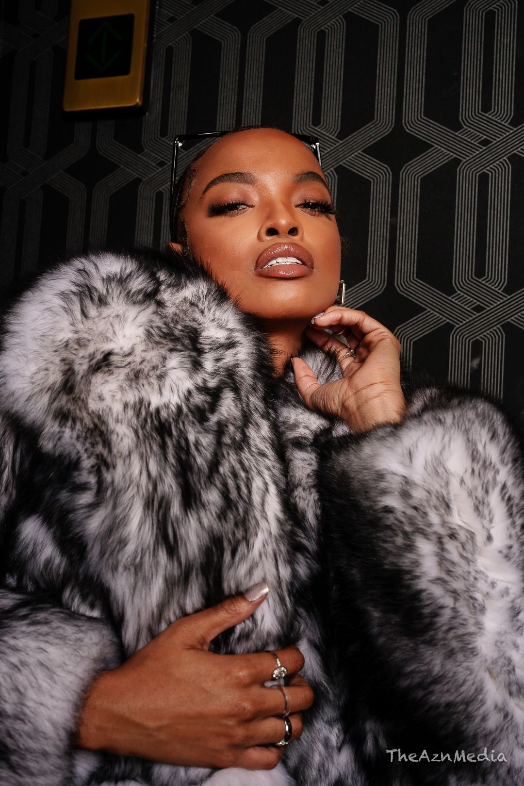 Glamorous portrait featuring luxurious grey fur coat and statement jewelry.