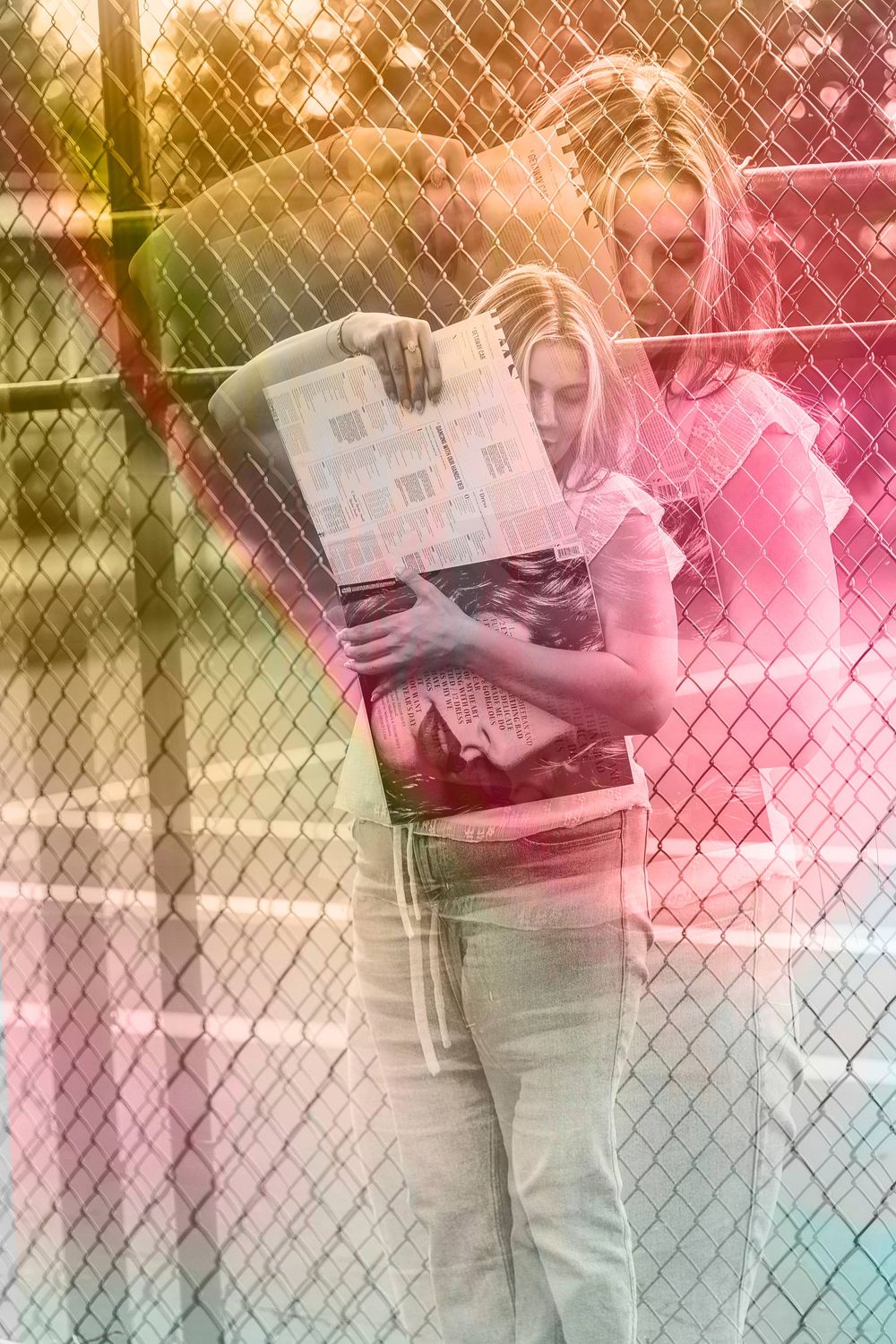 Artistic double exposure portrait reading against chain link fence with colorful light leak effects.
