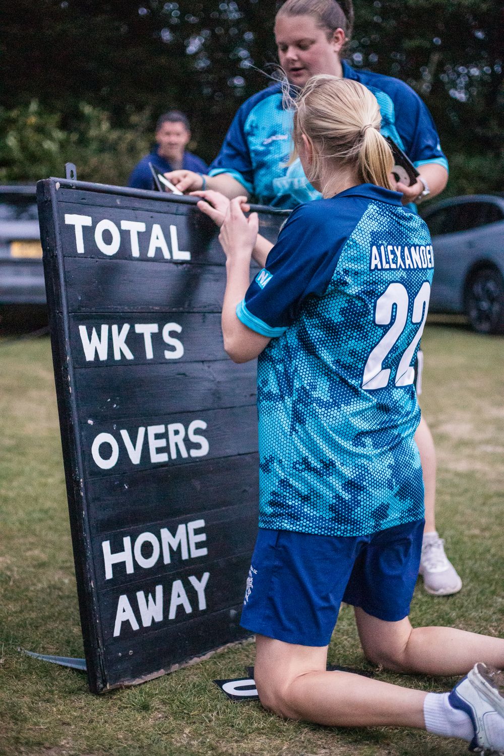 Updating the scoreboard to show victory for the Cookhill Cricket Club Women's summer league team.