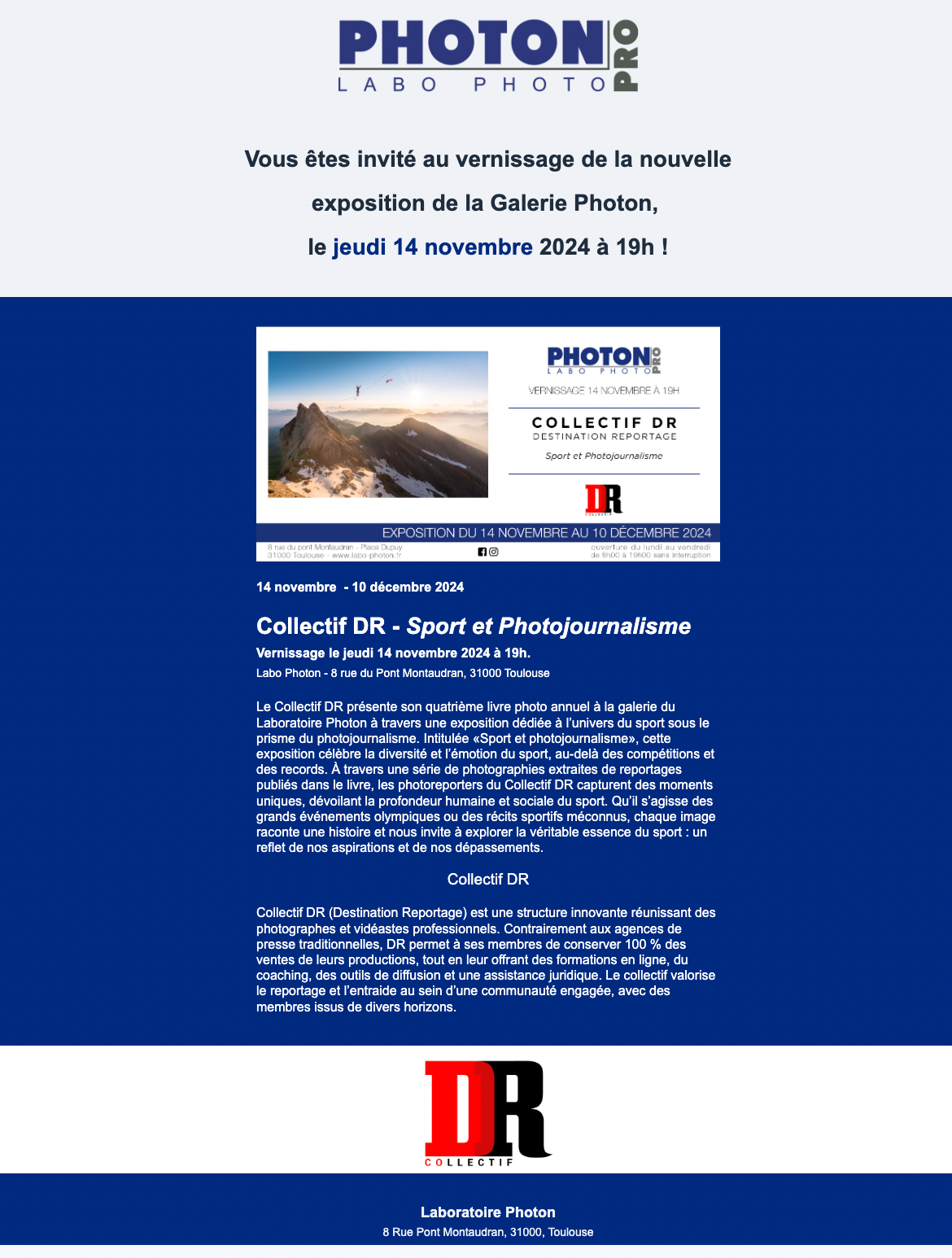Blue and white invitation design for Photon2 gallery exhibition opening.