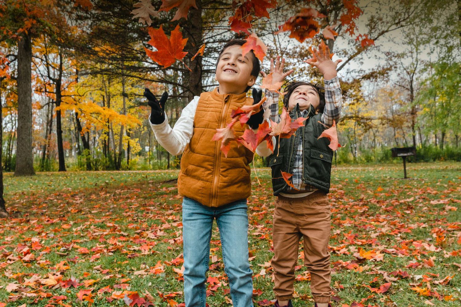 People playing in fallen autumn leaves on a sunny day with orange and red foliage.