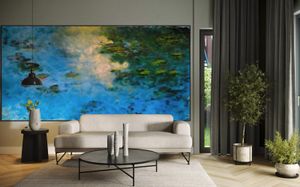 Modern living room with large water lily painting, white sofa, and minimalist decor.  Monet Kim ahonoukoun legacy interior design