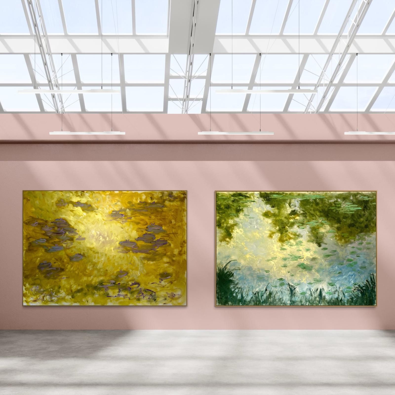 Gallery space with two abstract paintings inspired by water lilies displayed under natural skylight. Monet Kim ahonoukoun