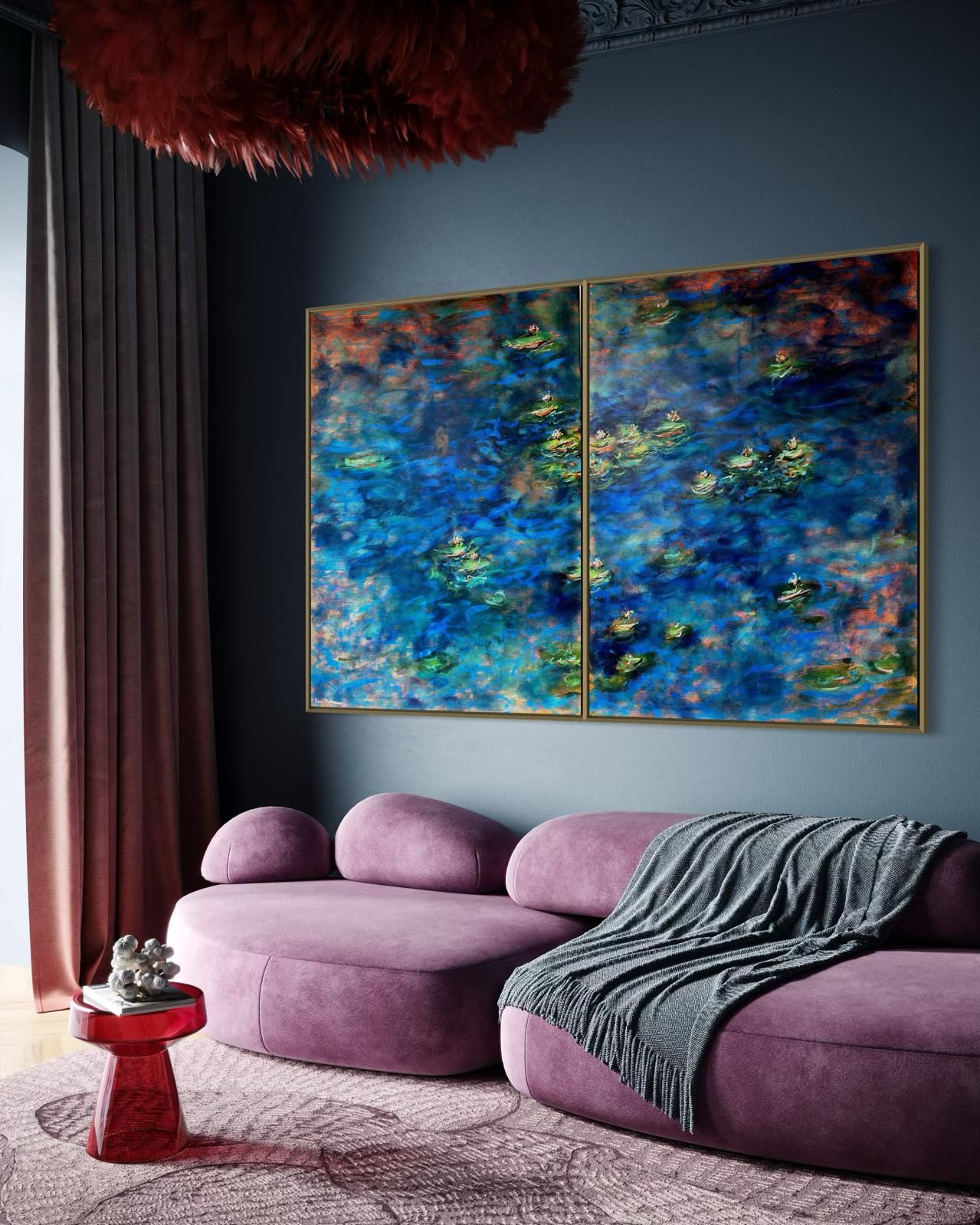 Contemporary room with blue abstract diptych artwork above a plush pink sofa. Monet Kim ahonoukoun
