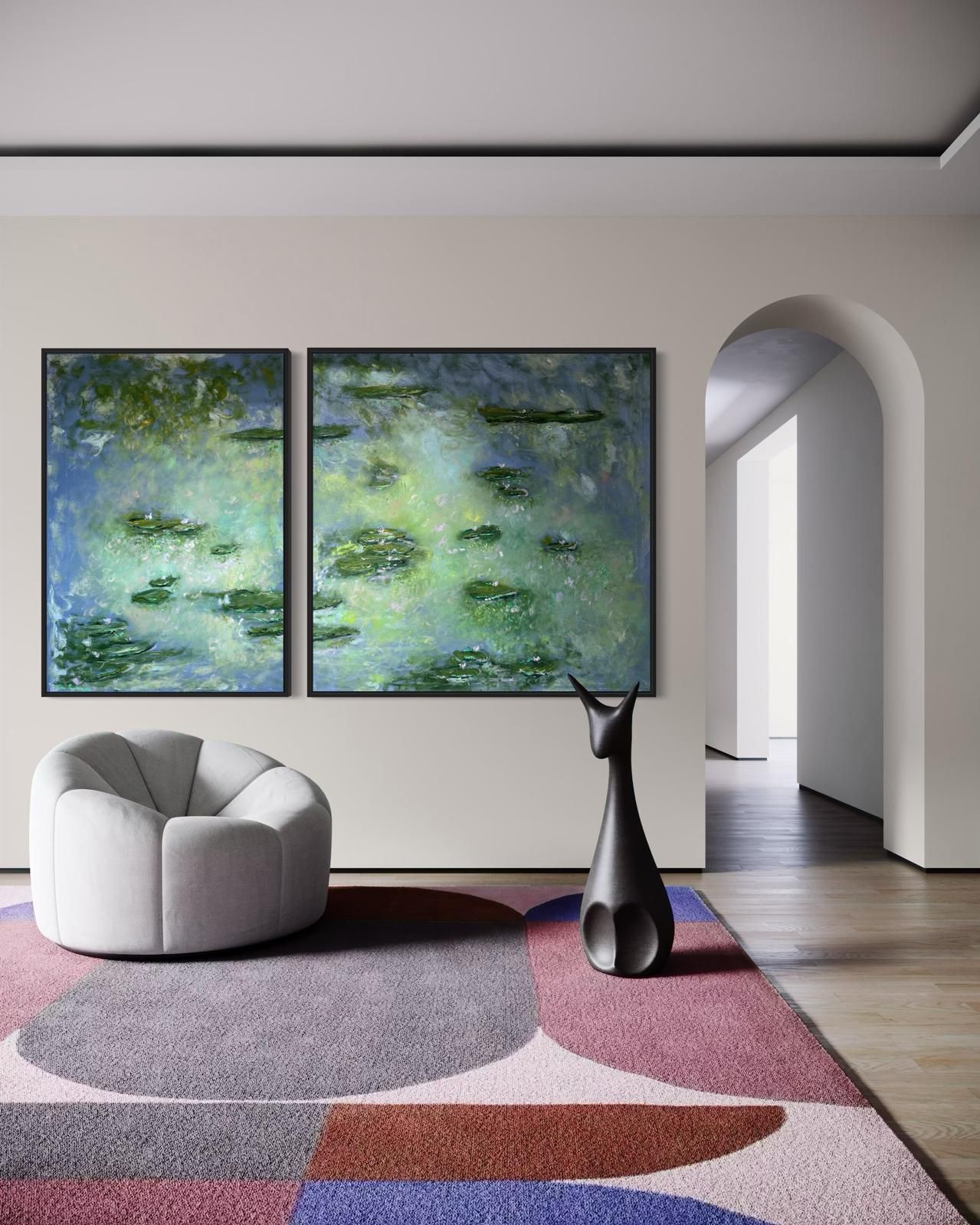 Modern living room featuring lily pond artwork, curved chair, and colorful geometric rug. Monet Kim ahonoukoun
