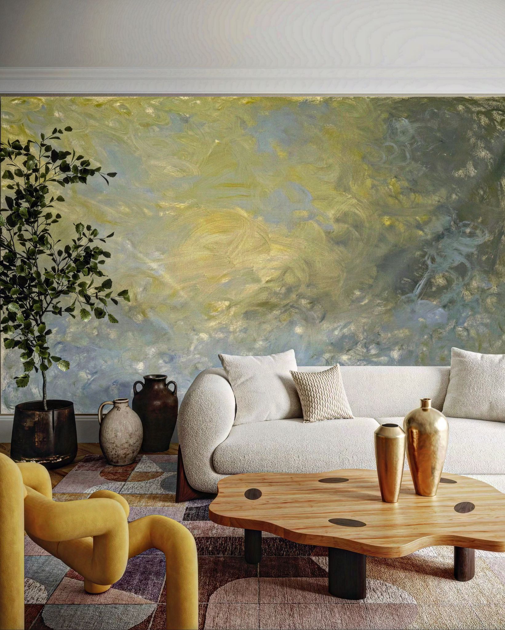 Modern living room with curved sofa, wood coffee table, yellow accent chair and dramatic abstract wall mural in muted tones.