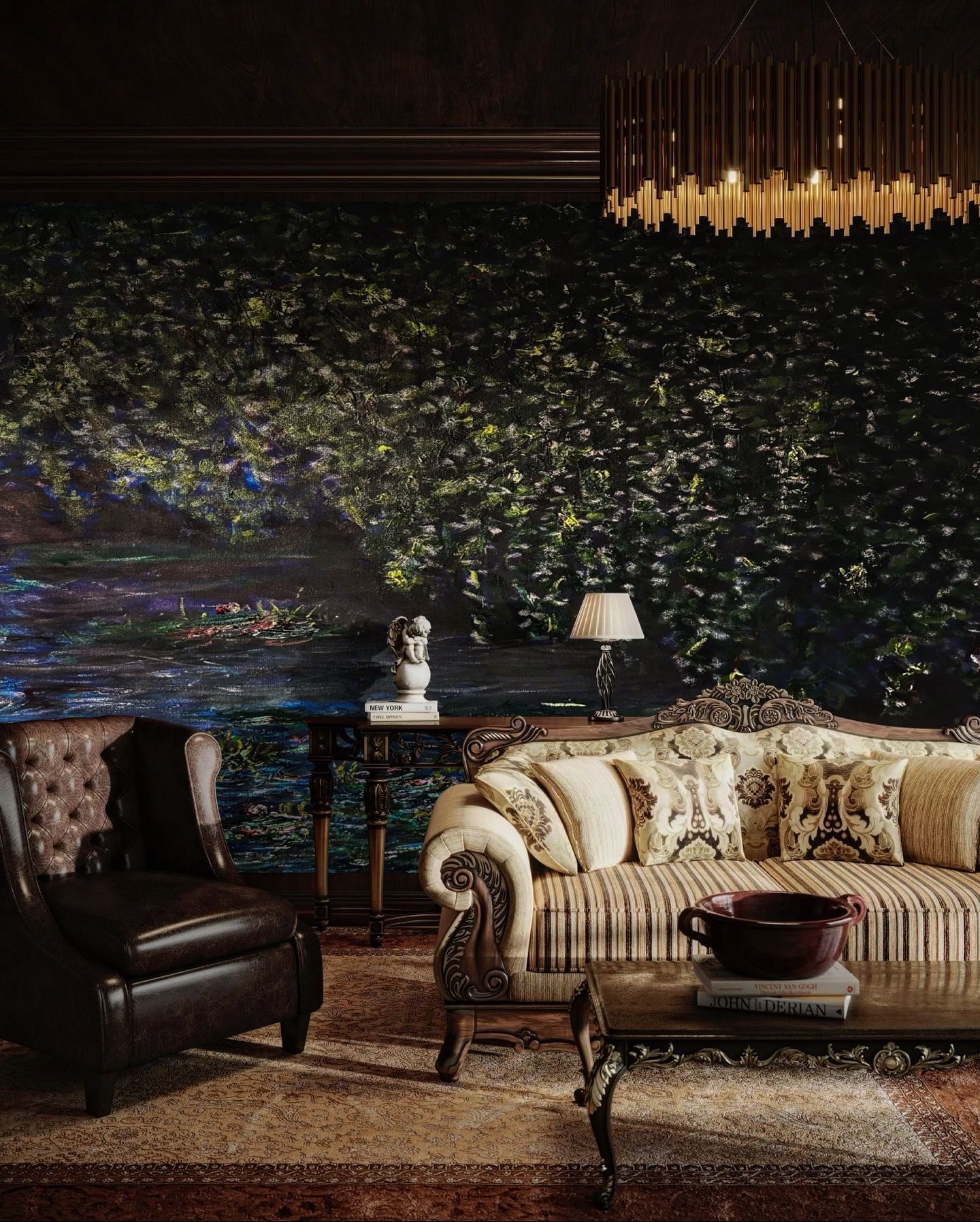 stunning large-scale impressionist water lily mural wall and floor-to-ceiling windows. Kim Ahonoukoun Monet mural wallpaper