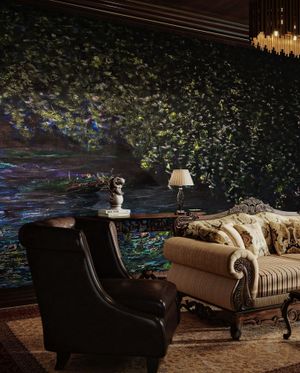 stunning large-scale impressionist water lily mural wall and floor-to-ceiling windows. Kim Ahonoukoun Monet mural wallpaper