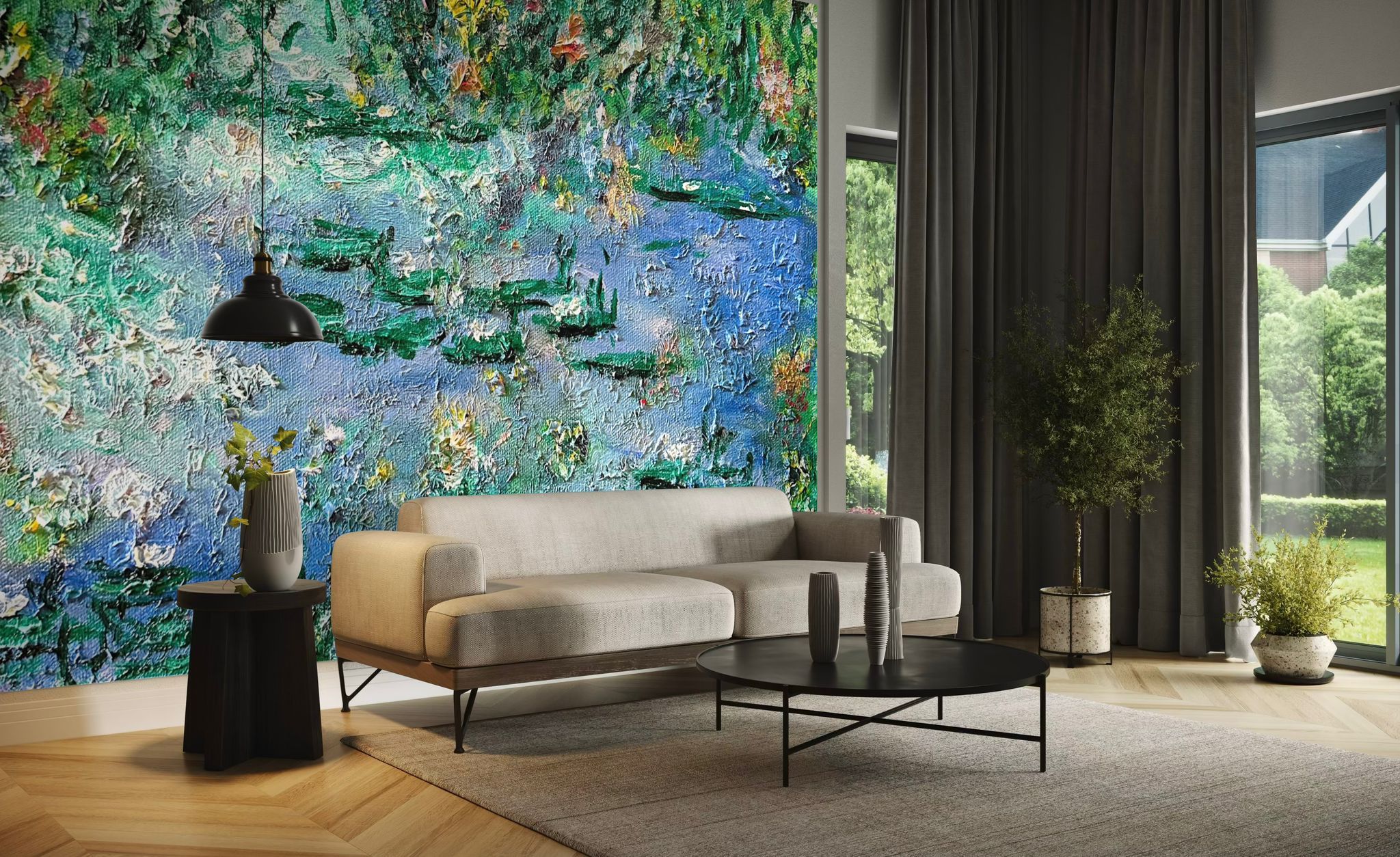 stunning large-scale impressionist water lily mural wall and floor-to-ceiling windows. Kim Ahonoukoun Monet mural wallpaper