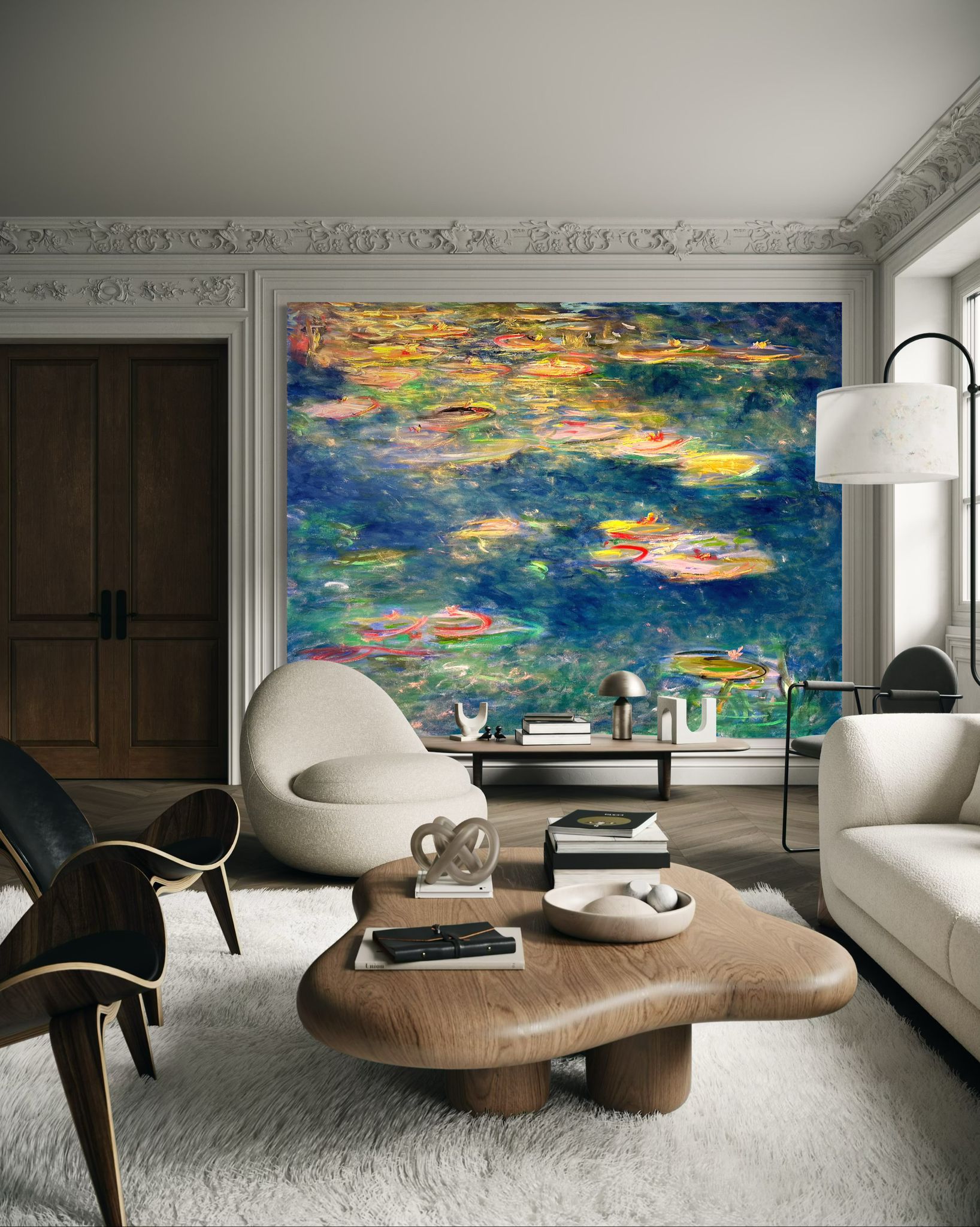 stunning large-scale impressionist water lily mural wall and floor-to-ceiling windows. Kim Ahonoukoun Monet mural wallpaper