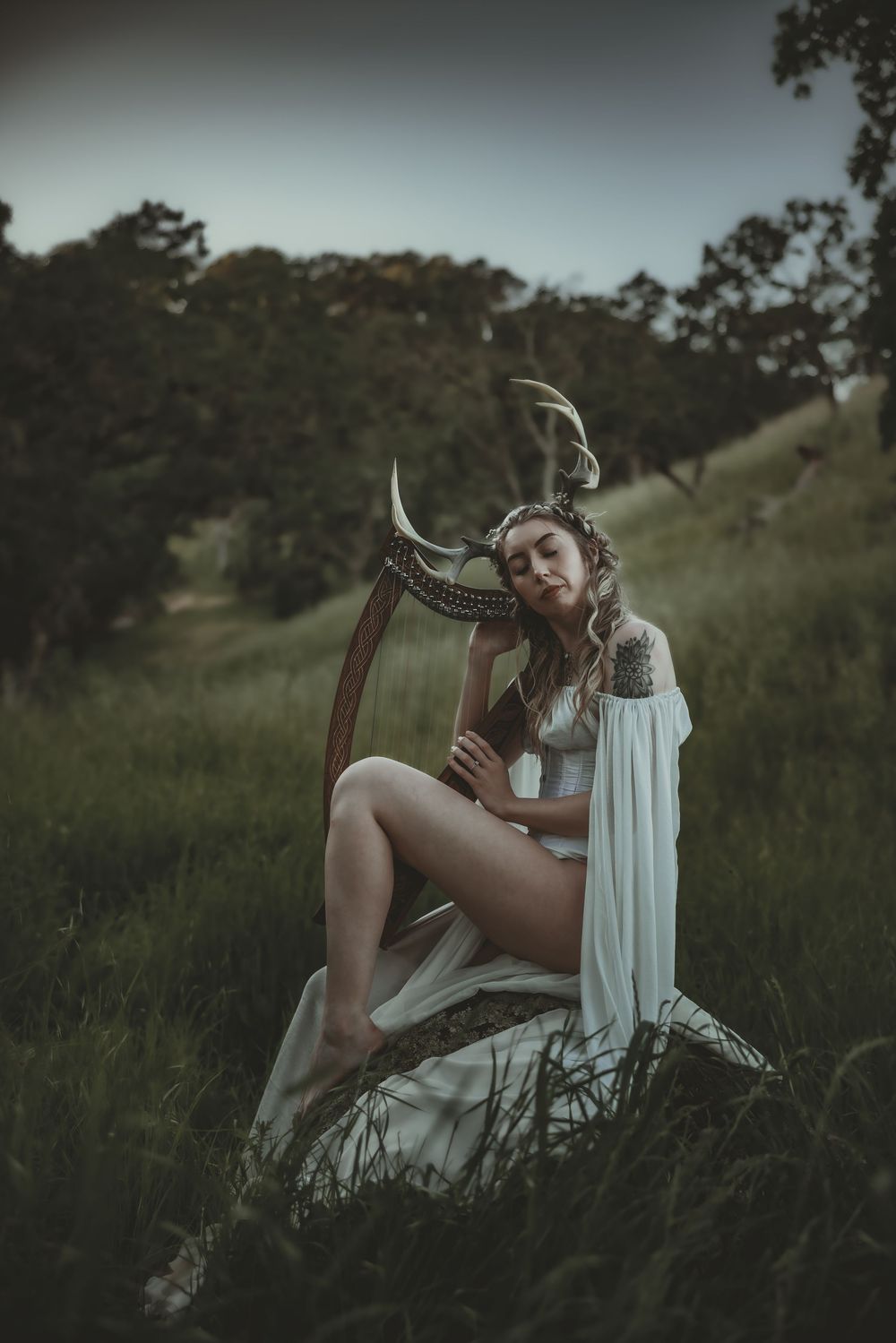 Artistic outdoor portrait series showing a person in white flowing dress reclining in tall grass at dusk.