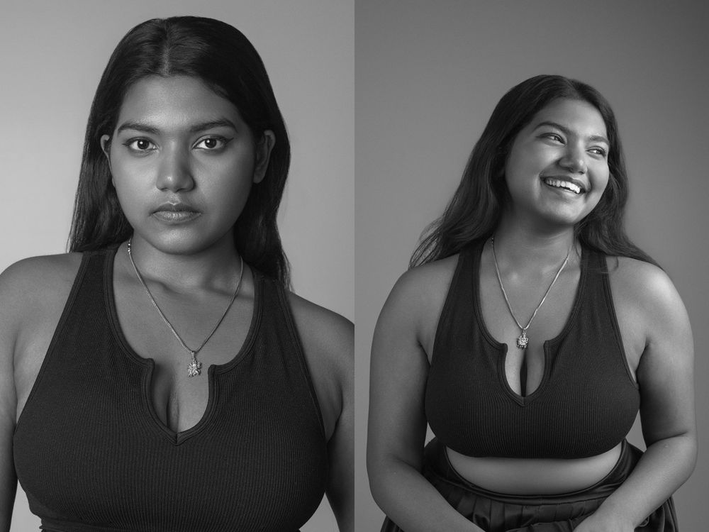 Black and white diptych portrait of a young South Asian woman, serious then smiling, wearing a dark top.