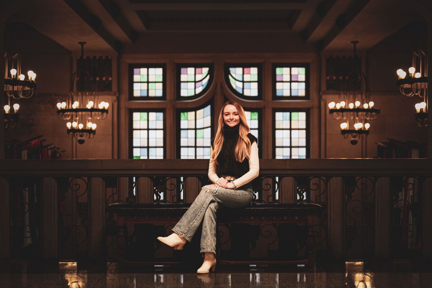 College student sitting at Purdue University.