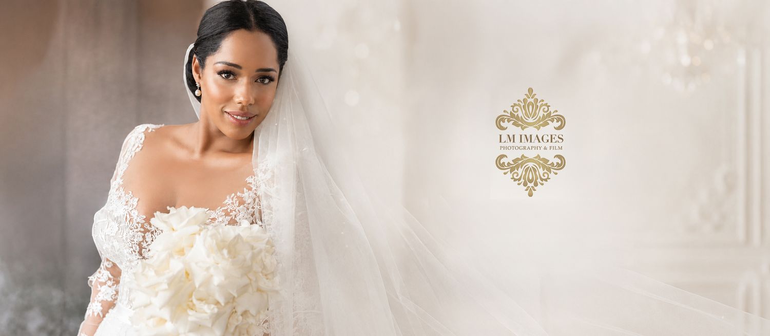 Elegant bride in lace gown poses beside LM Images Photography and Film logo.