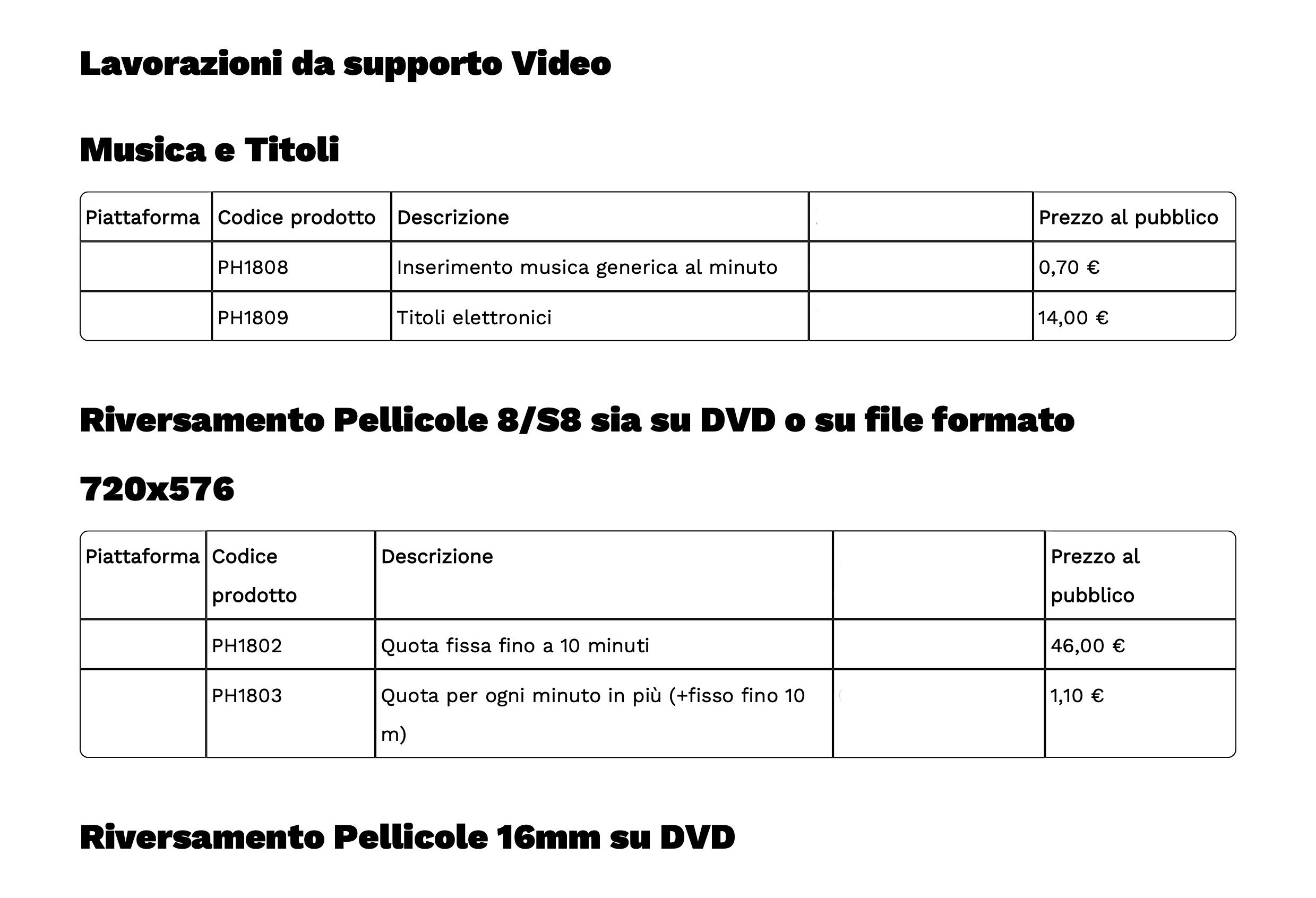 Listino e lavorazioni