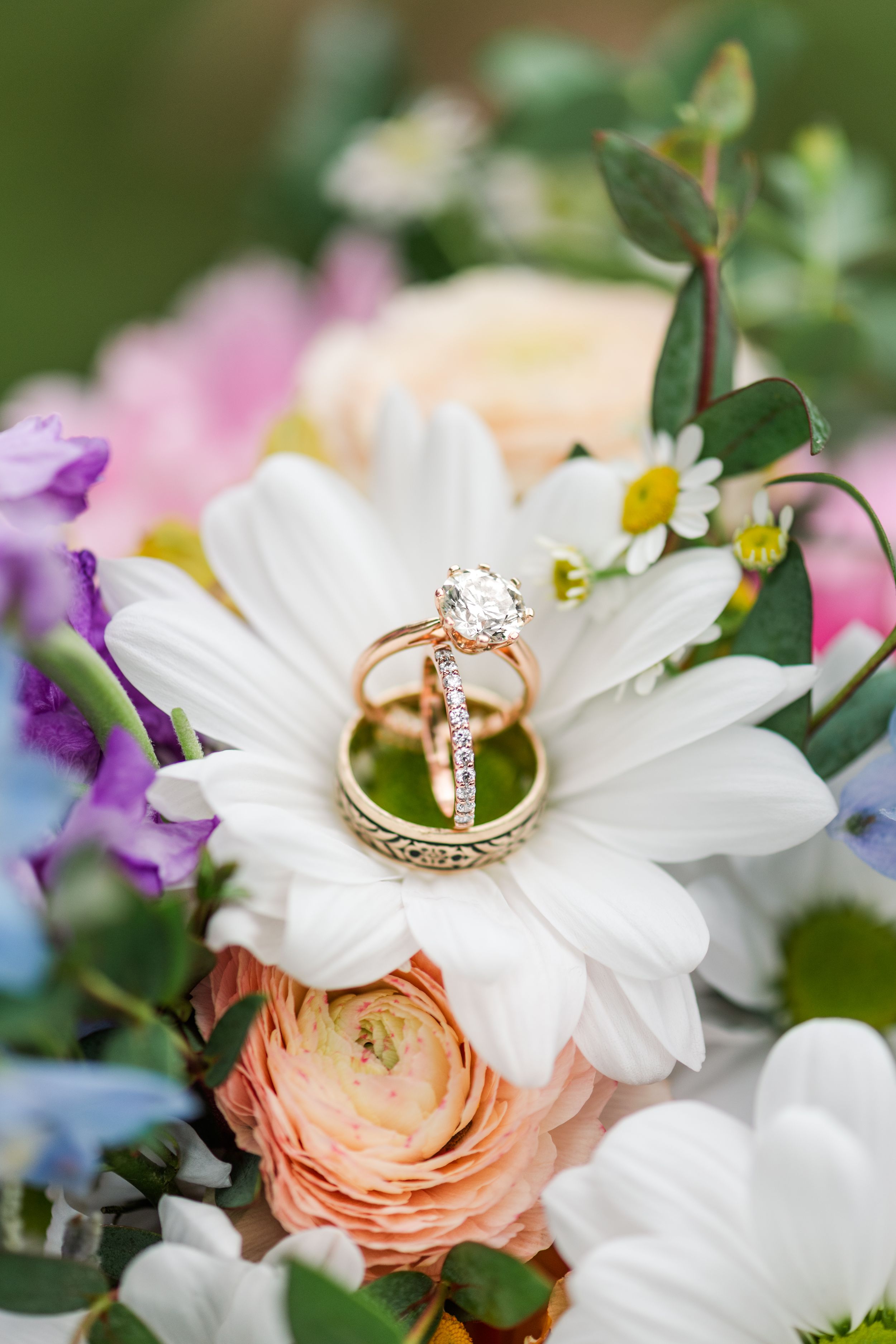 Wedding rings displayed on a white daisy flower surrounded by colorful blooms and greenery in a romantic arrangement.