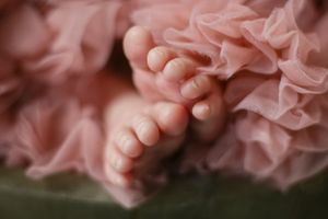 Tiny baby feet nestled in soft pink tulle fabric against a dark green background.