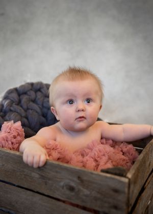 A young baby sits in a rustic wooden crate with pink tulle fabric and a navy blue cushioned backdrop.