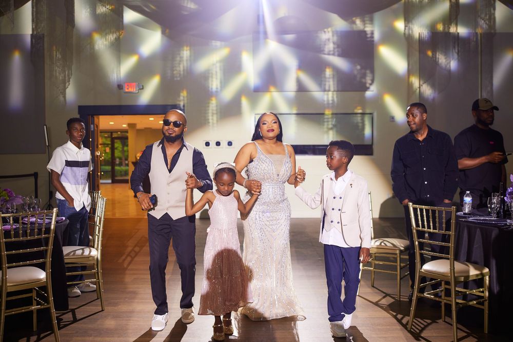 A series of wedding reception photos showing guests dancing and celebrating under sparkling lights on the dance floor.