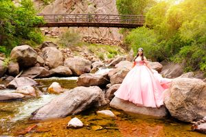 A woman in a flowing pink ball gown poses on rocky riverbank with a wooden bridge and lush greenery in sunlit background.