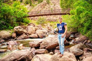 A rustic wooden bridge spans over rocky terrain with lush green vegetation in a scenic mountain setting.