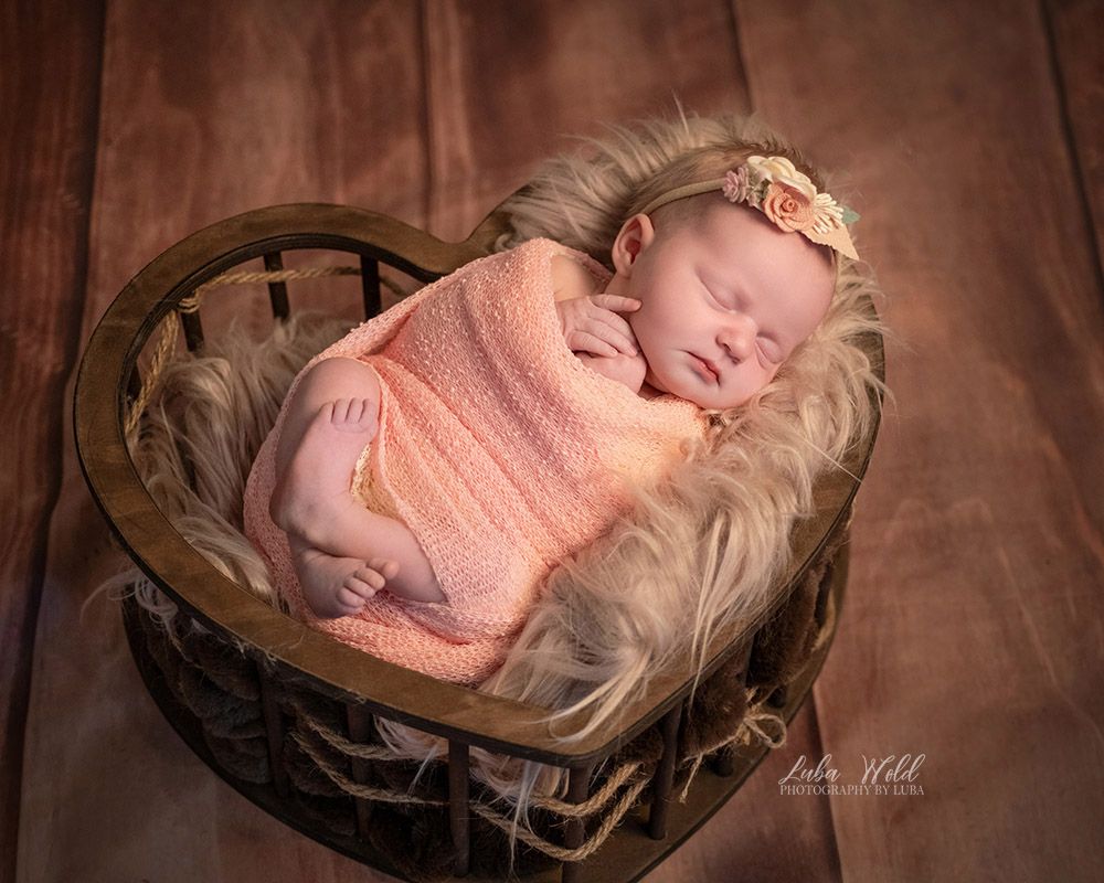 newborn baby girl in a basket wrapped in pink by studio photographer in Post Falls Idaho Luba Wold